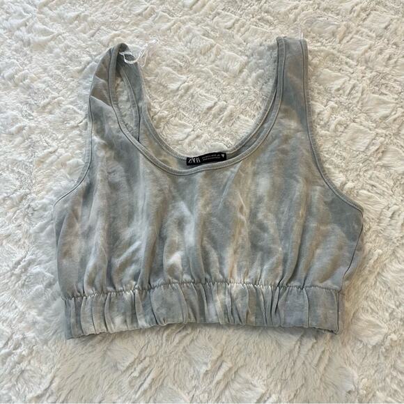 Zara Medium Grey White Tie Dye Crop Top Loungewear Bralette Boho Sports Bra - Picture 1 of 6